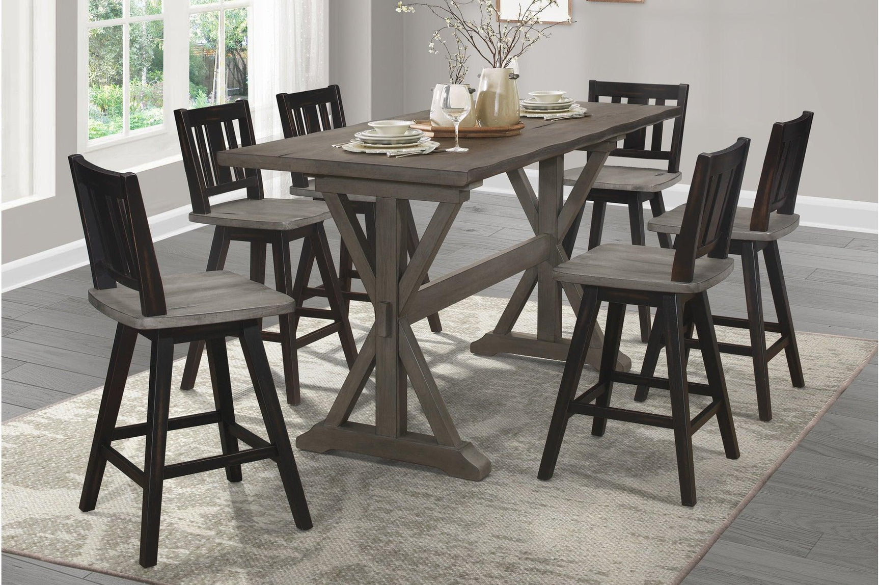 Amsonia Black Sand Through Rustic Solid Wood And Veneer Upholstered Rectangular Dining Room Set - Ella Furniture