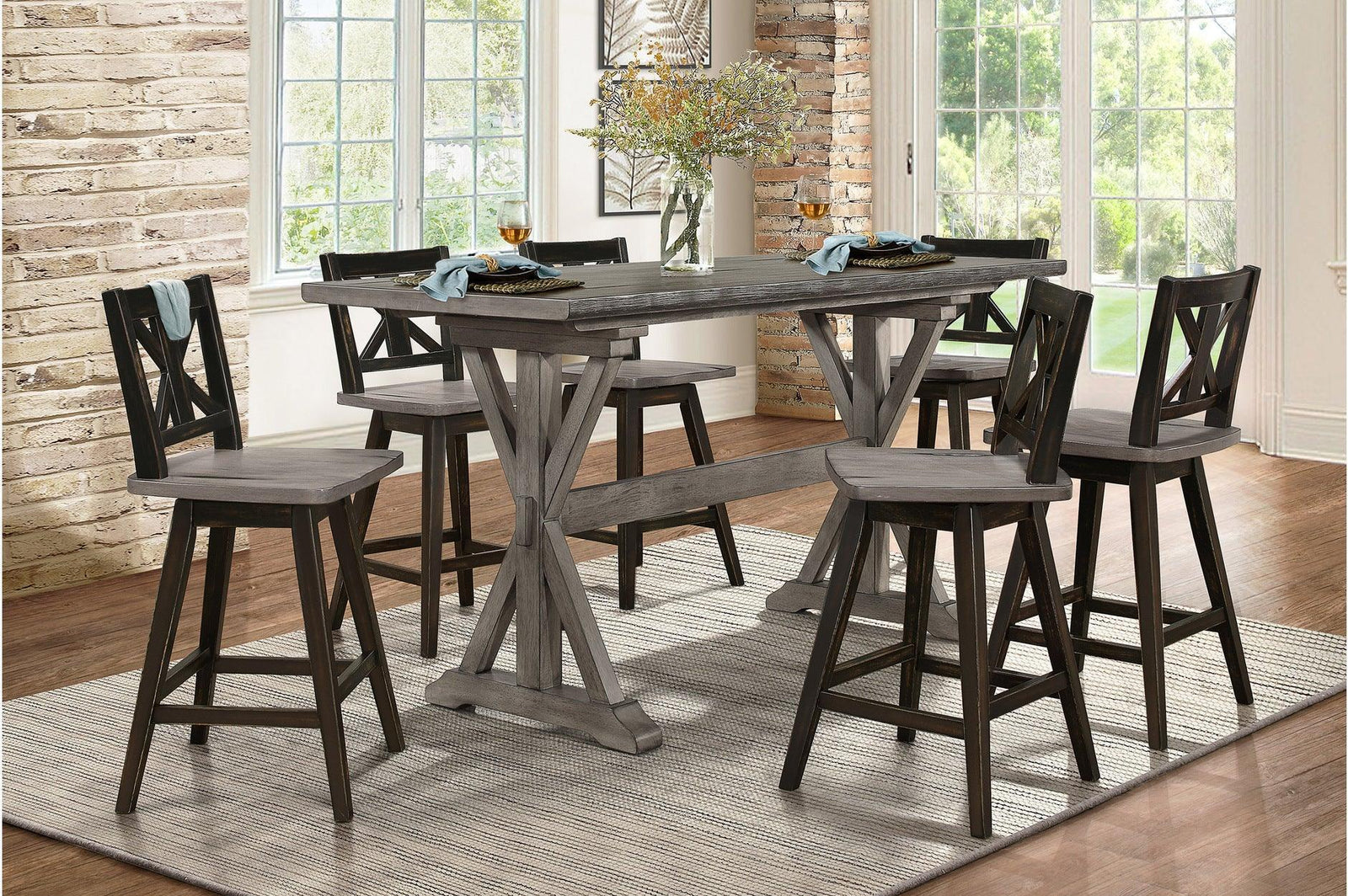 Amsonia Gray Modern Subtle Rustic Solid Rubberwood Rectangular Counter Height Dining Room Set - Ella Furniture