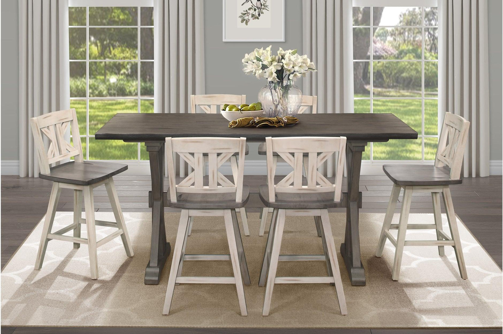 Amsonia White Sand Through Rustic Solid Wood, Veneer Rectangular Counter Height Dining Room Set - Ella Furniture