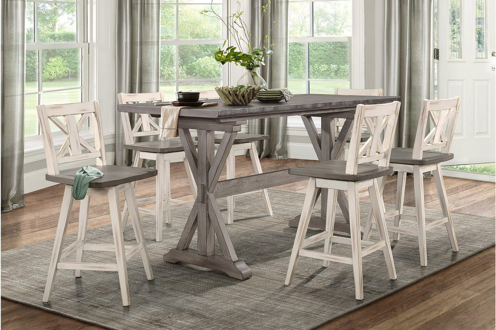 Amsonia White Sand Through Rustic Solid Wood And Veneer Rectangular Counter Height Dining Room Set - Ella Furniture