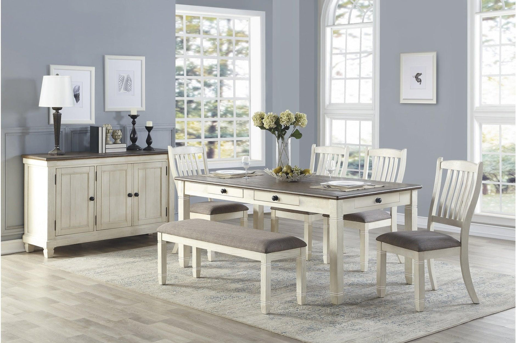 Granby Antique White, Rosy Brown Solid Wood Fabric Counter Height Storage Dining Room Set - Ella Furniture