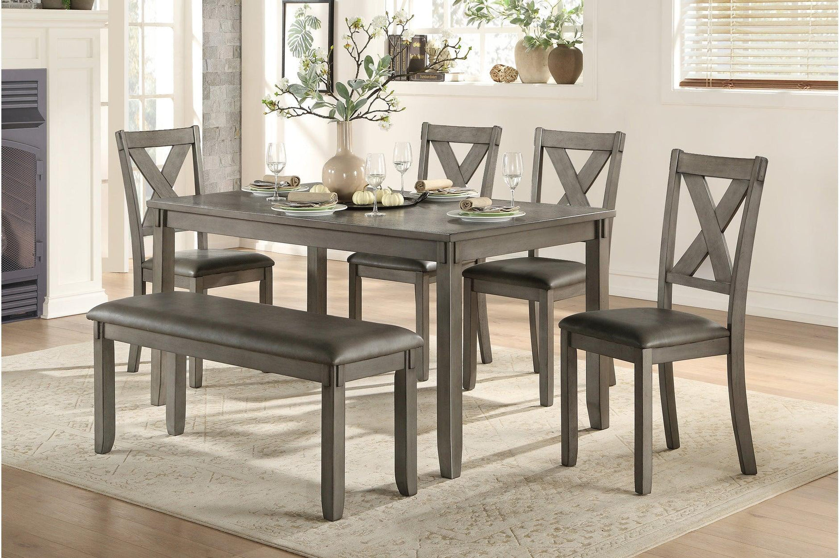 Holders Gray Finish Modern Transitional Casual Solid Wood Faux Leather Upholstery Dining Room Set - Ella Furniture