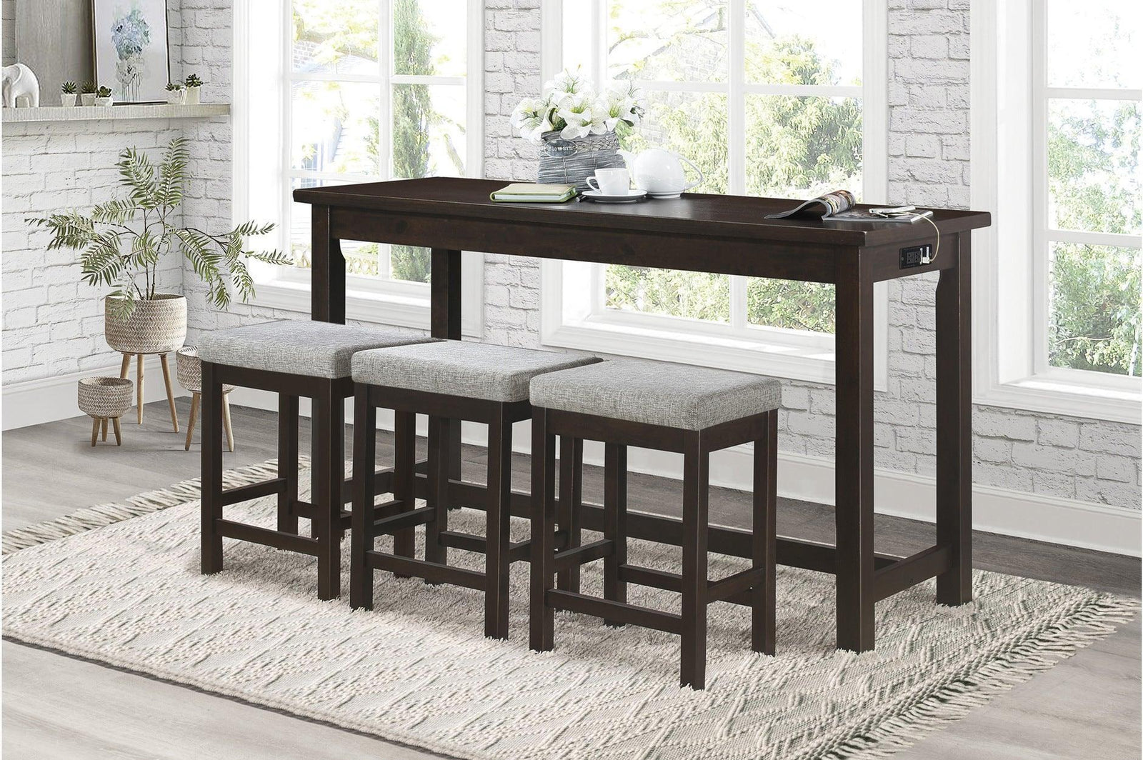 Connected Espresso Modern Casual Wood And Metal Fabric Upholstery Counter Height Dining Room Set - Ella Furniture