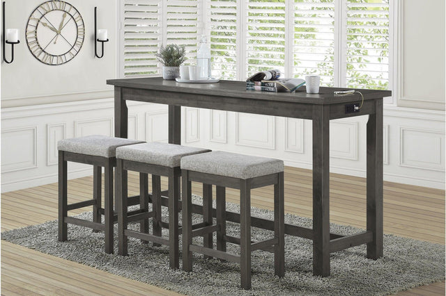 Connected Gray Wood And Metal Fabric Upholstery Seat Rectangular Counter Height Dining Room Set - Ella Furniture