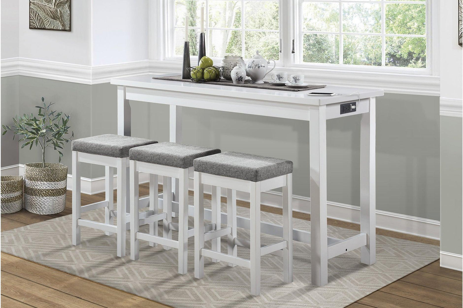 Connected White Wood And Metal Fabric Upholstery Seat Rectangular Counter Height Dining Room Set - Ella Furniture