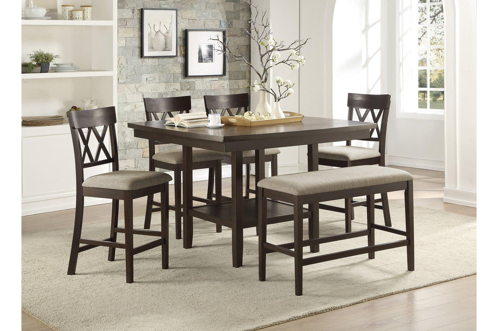 Balin Brown Neutral Accent Fabric Seat Upholstered Rectangular Counter Height Dining Room Set - Ella Furniture