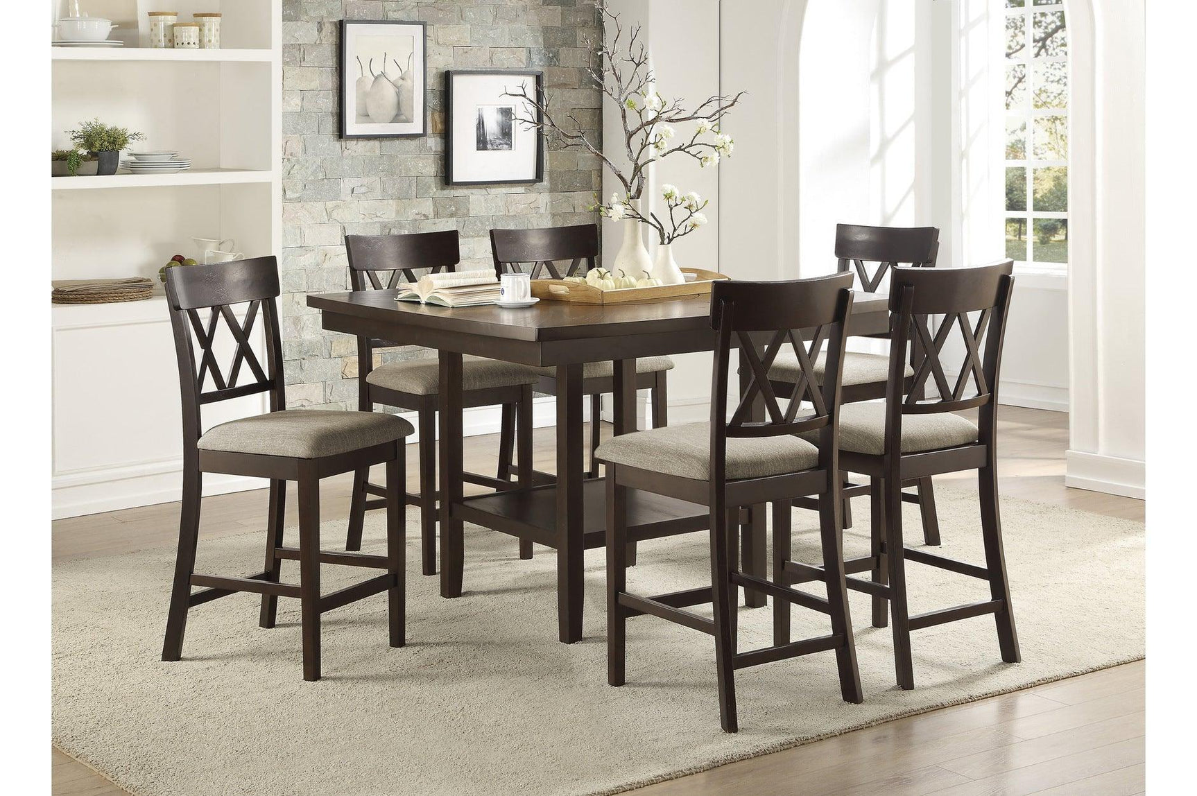 Balin Brown Neutral Accent Fabric Seat Upholstered Rectangular Counter Height Dining Room Set - Ella Furniture
