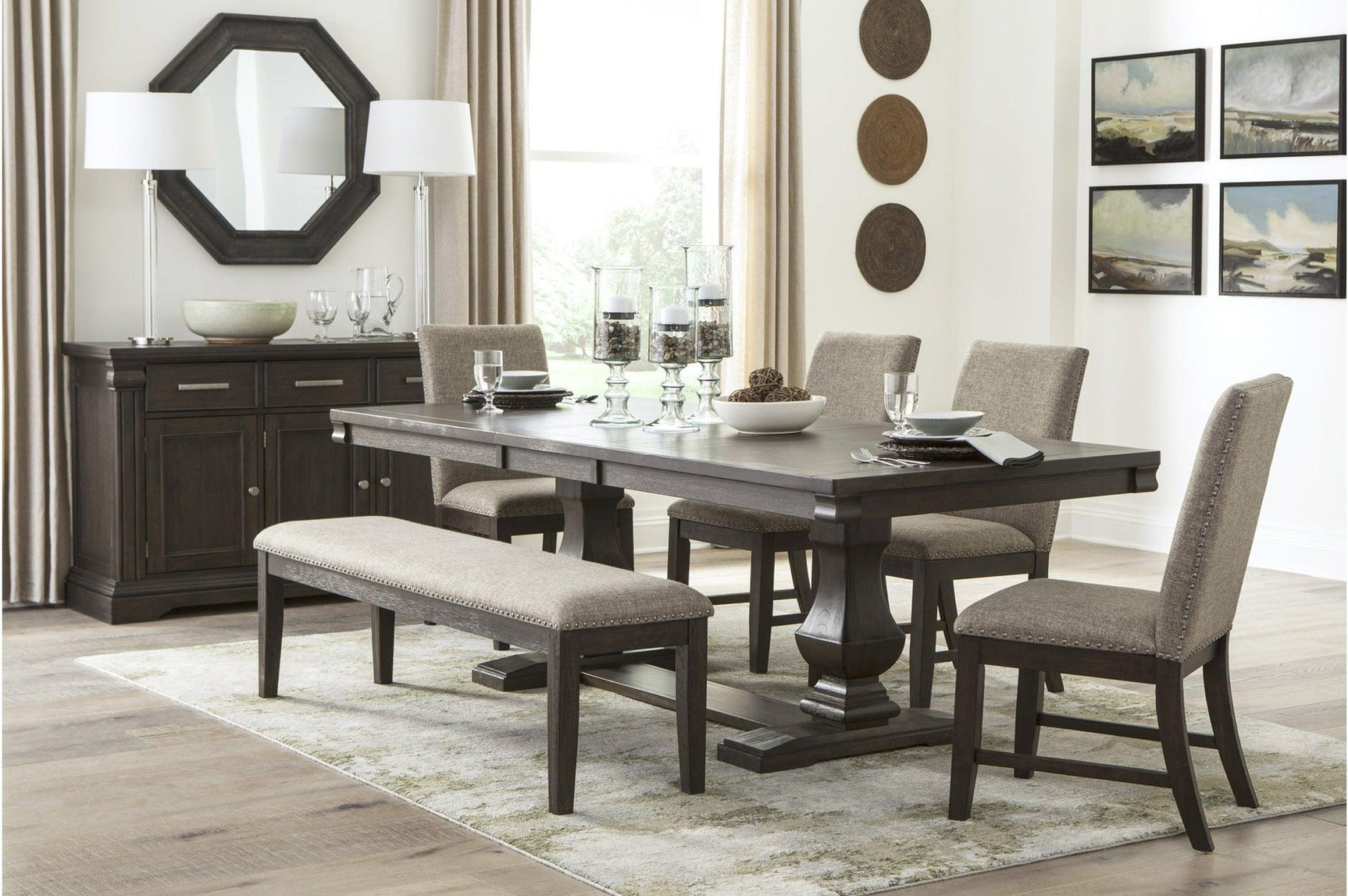 Southlake Rustic Brown Oak Wire Brushed Solid Acacia Veneer Fabric Upholstery Dining Room Set - Ella Furniture