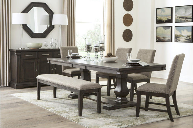 Southlake Rustic Brown Oak Wire Brushed Solid Acacia Veneer Fabric Upholstery Dining Room Set - Ella Furniture