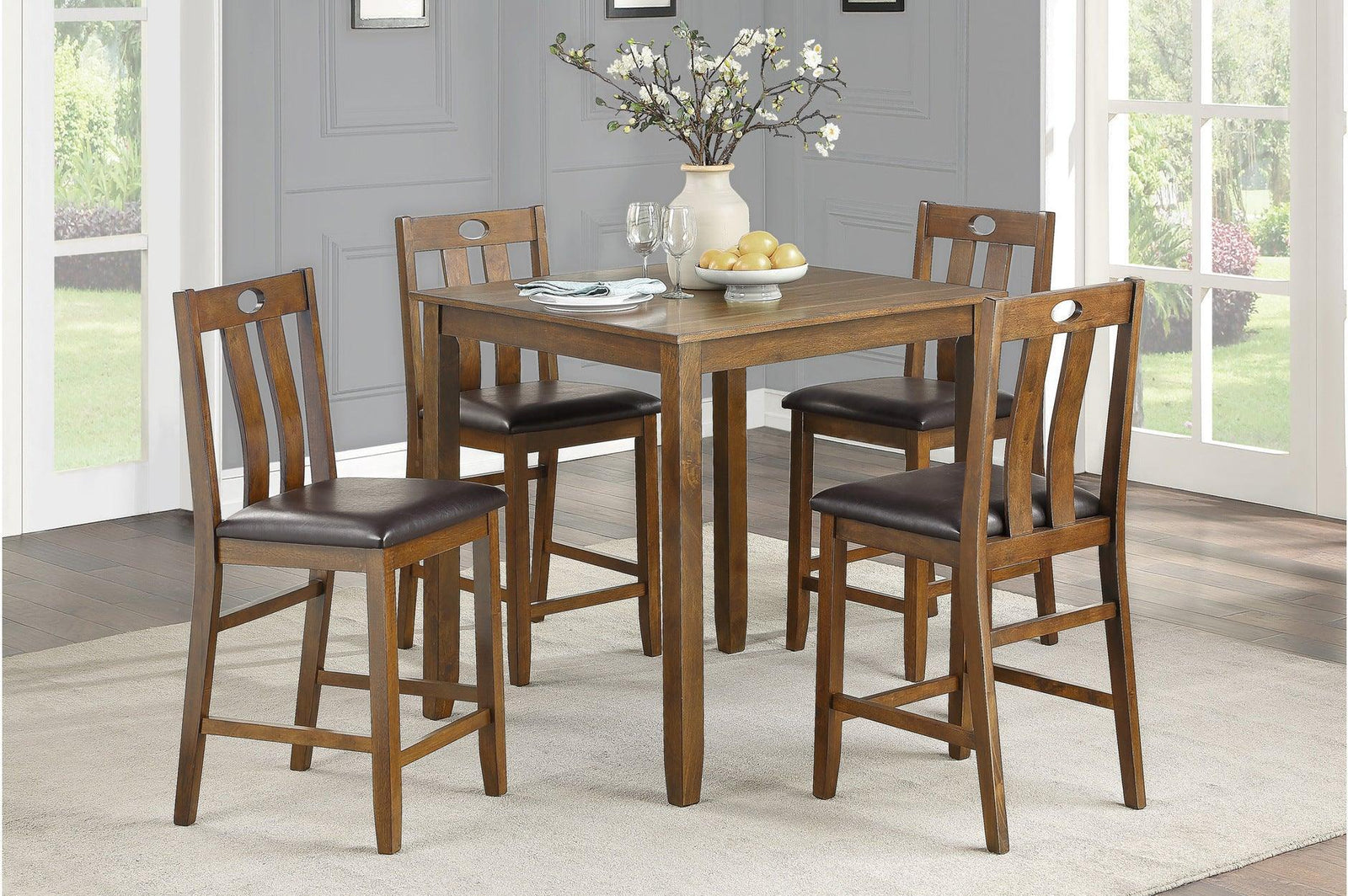 Weston Brown Rustic Modern Acacia Veneer Faux Leather Seat Square Counter Height Dining Room Set - Ella Furniture