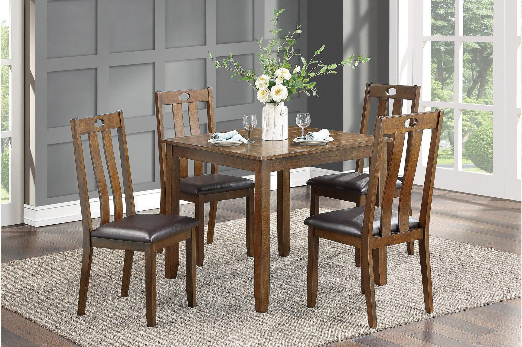 Weston Brown Rustic Modern Transitional Acacia Veneer Faux Leather Seat Square Dining Room Set - Ella Furniture