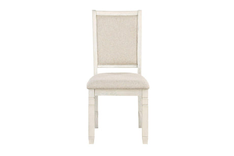 Asher Antique White, Light Brown Solid Wood Fabric Upholstered Seat Round Dining Room Set - Ella Furniture