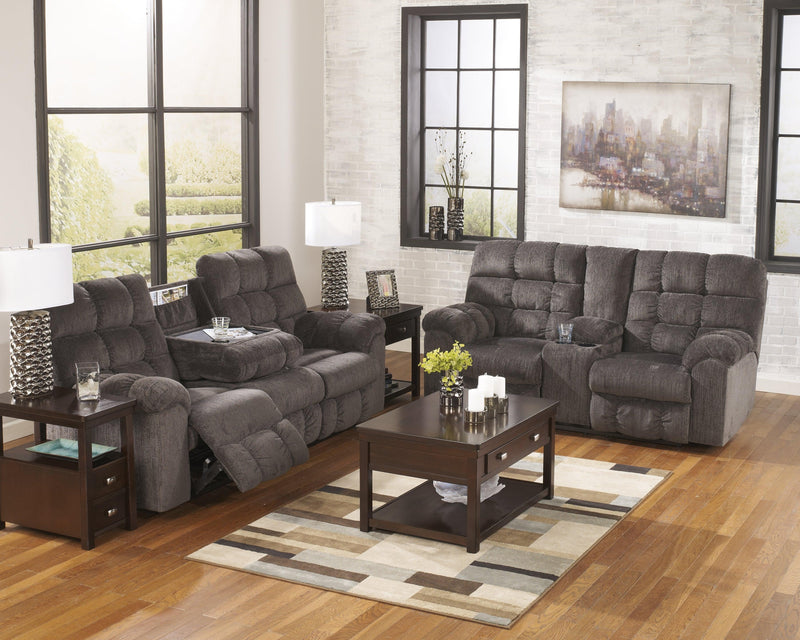 Acieona Slate Chenille Reclining Loveseat With Console