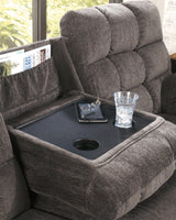 Acieona Slate Chenille Reclining Sofa With Drop Down Table - Ella Furniture