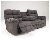 Acieona Slate Chenille Reclining Sofa With Drop Down Table - Ella Furniture