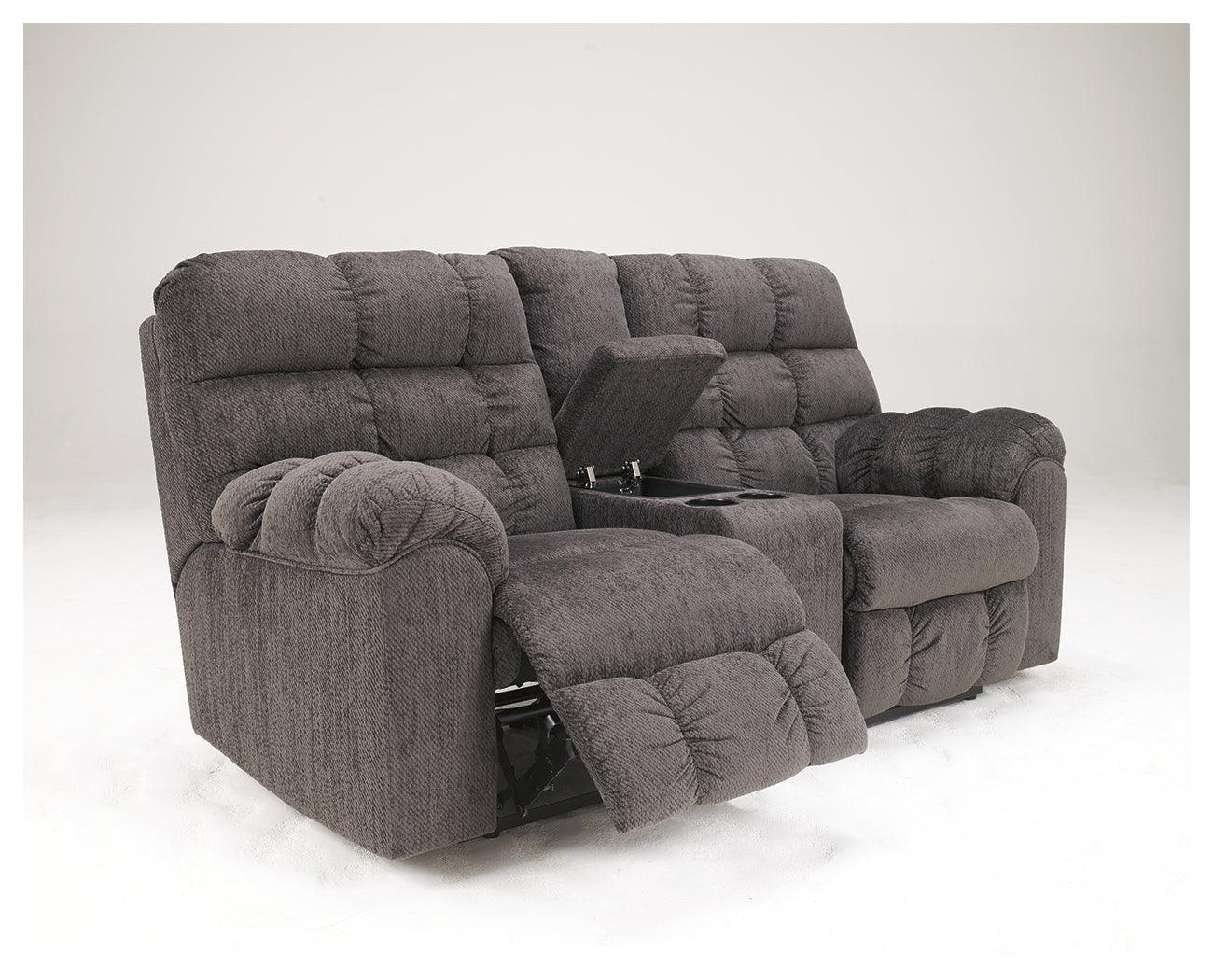 Acieona Slate Chenille Reclining Loveseat With Console - Ella Furniture