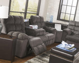 Acieona Slate Chenille Reclining Sofa With Drop Down Table - Ella Furniture