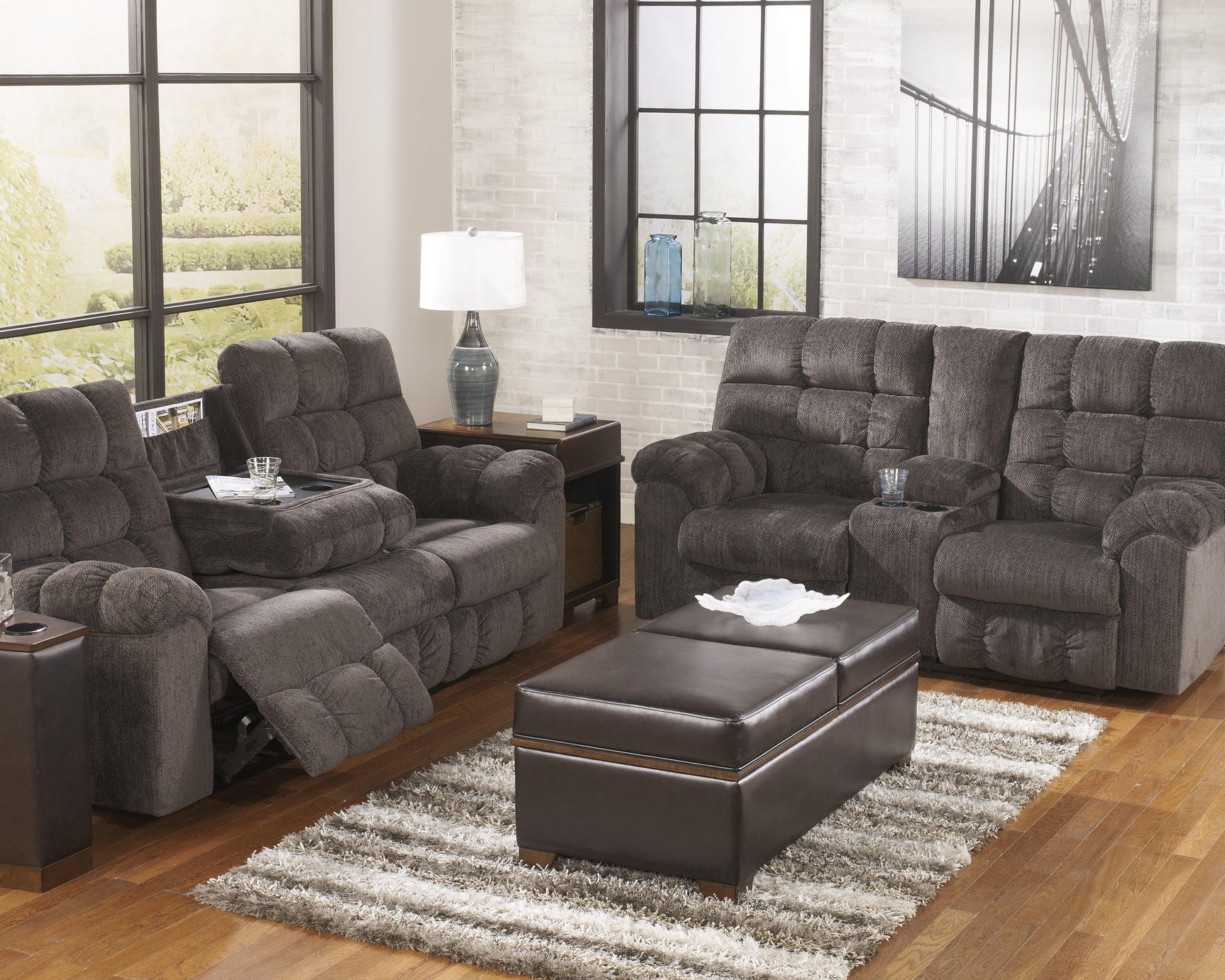 Acieona Slate Chenille Reclining Sofa With Drop Down Table - Ella Furniture