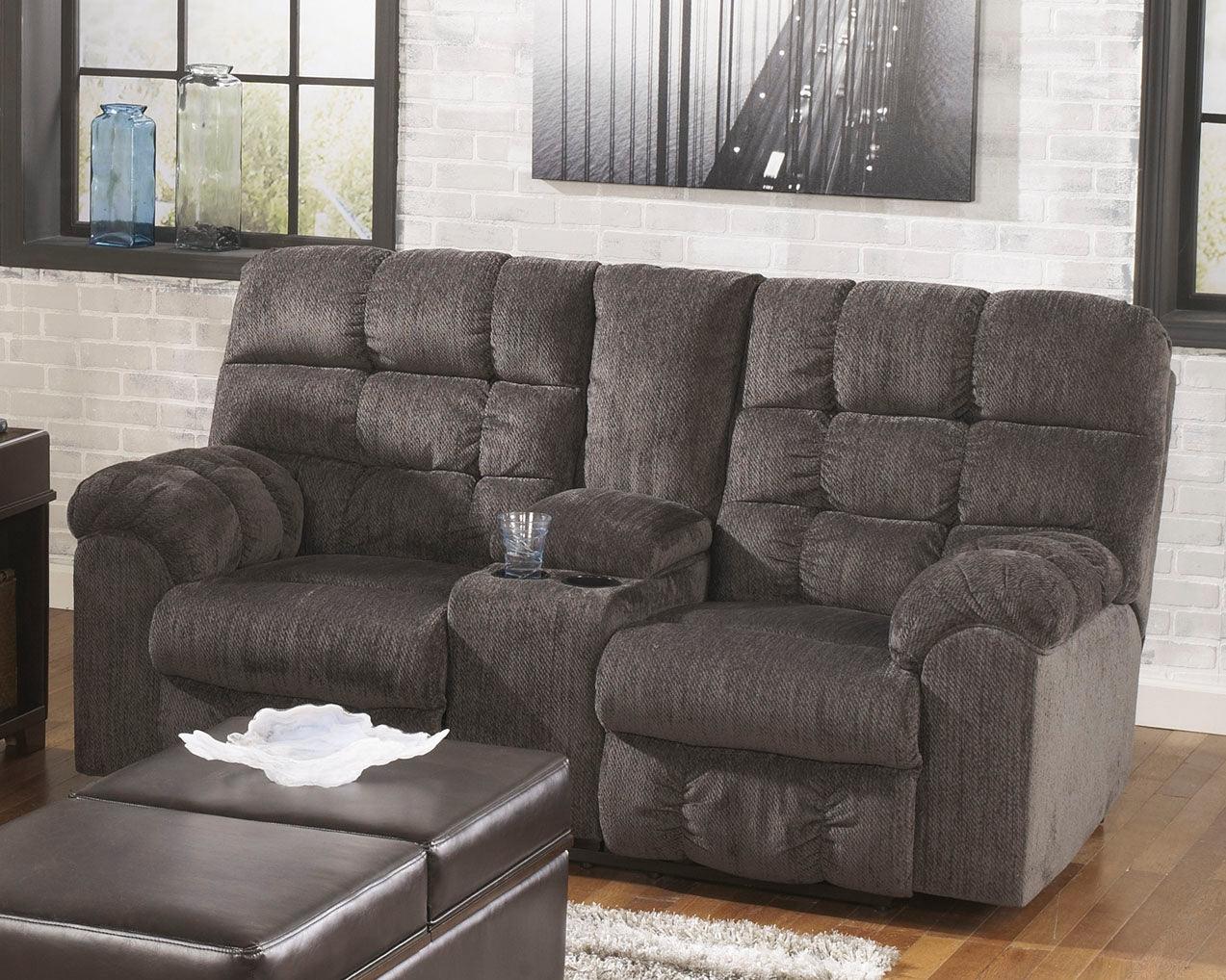 Acieona Slate Chenille Reclining Loveseat With Console - Ella Furniture