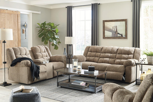 Workhorse Cocoa Chenille Reclining Loveseat With Console - Ella Furniture