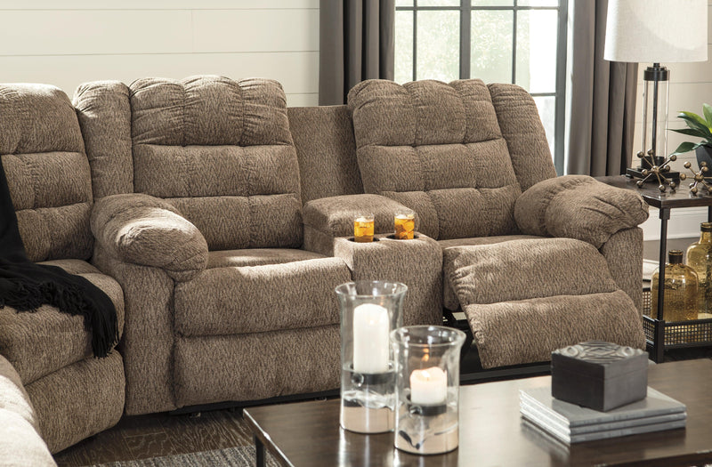 Workhorse Cocoa Chenille Reclining Loveseat With Console - Ella Furniture