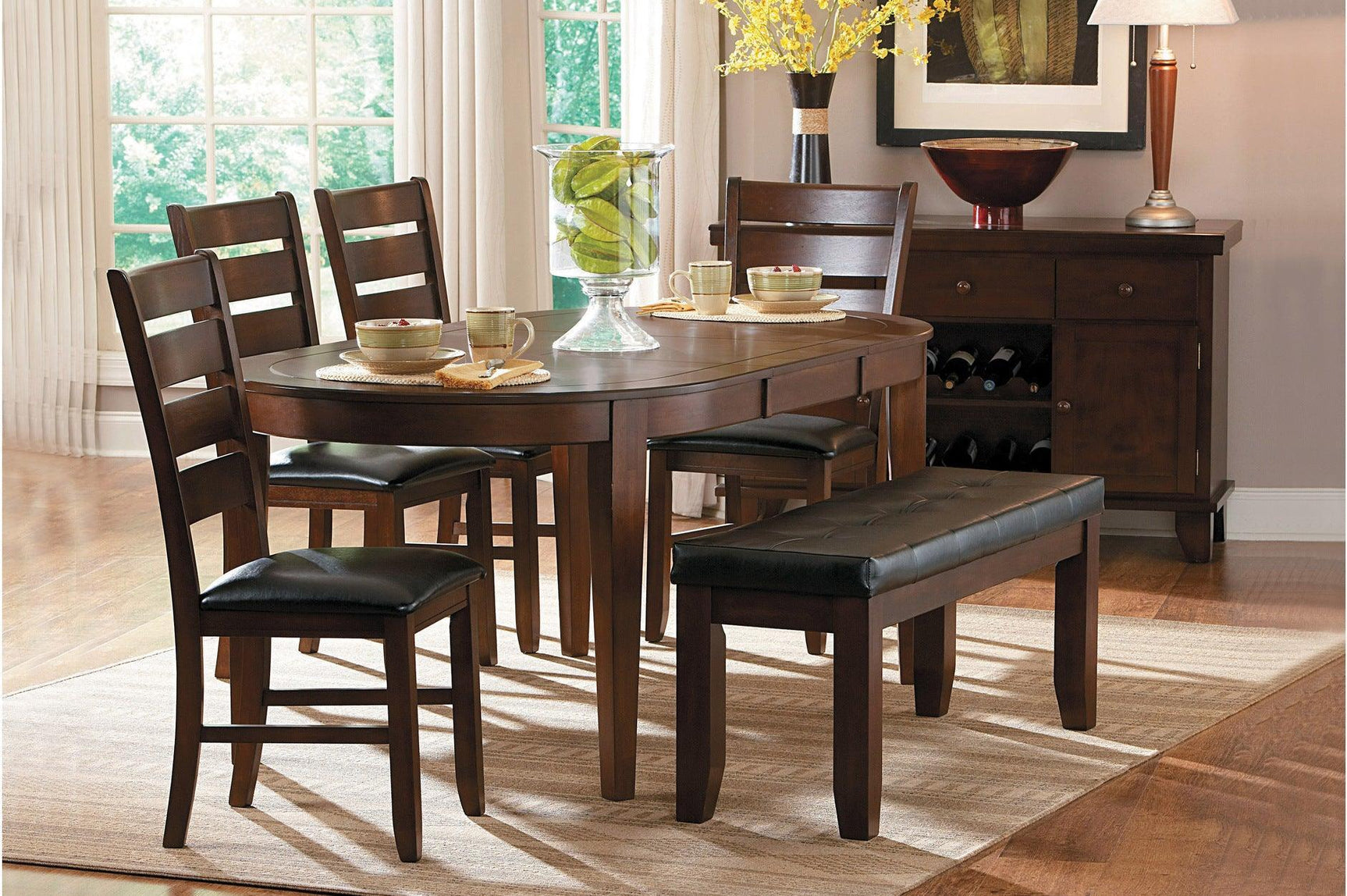 Ameillia Smooth Dark Oak Finish Modern Sleek Solid Wood Faux Leather Seat Oval Dining Room Set - Ella Furniture