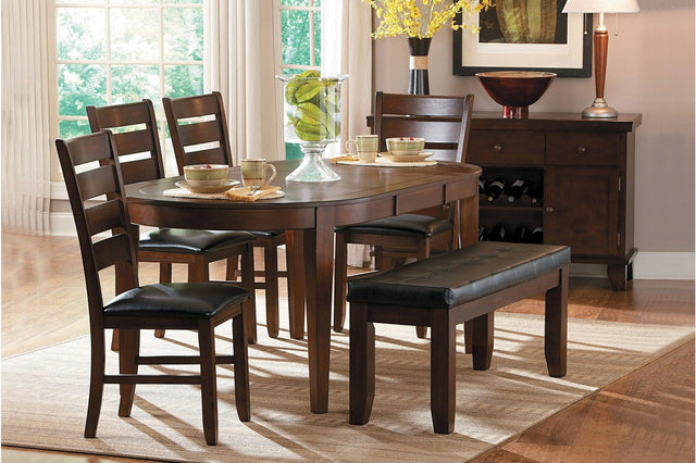 Ameillia Smooth Dark Oak Finish Modern Sleek Solid Wood Faux Leather Seat Oval Dining Room Set - Ella Furniture