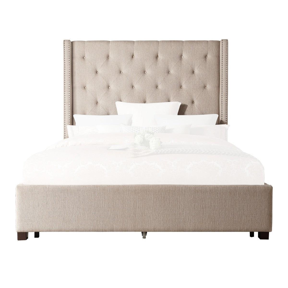 Fairborn Beige Traditional Solid Wood And Plywood Frame Fabric Upholstered Tufted Queen Panel Bed - Ella Furniture
