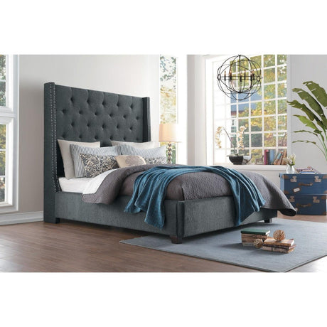 Fairborn Gray Traditional Solid Wood And Plywood Frame Fabric Upholstery Tufted King Platform Bed - Ella Furniture
