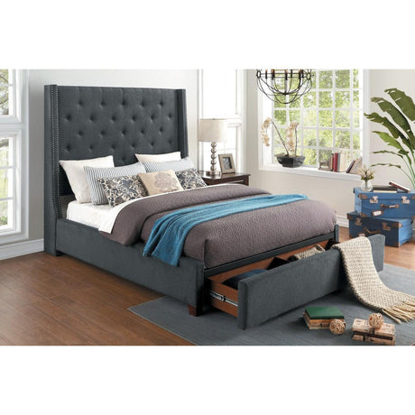 Fairborn Gray Solid Wood And Plywood Fabric Upholstery Tufted Queen Platform Bed With Storage - Ella Furniture