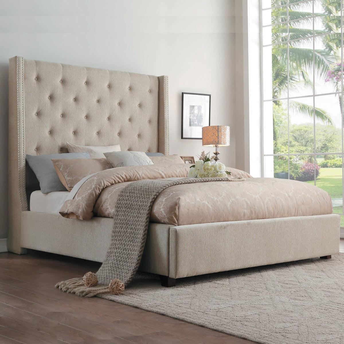 Fairborn Beige Traditional Solid Wood And Plywood Frame Fabric Upholstered Tufted Queen Panel Bed - Ella Furniture