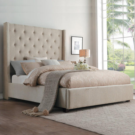 Fairborn Beige Traditional Solid Wood And Plywood Frame Fabric Upholstered Tufted Queen Panel Bed - Ella Furniture