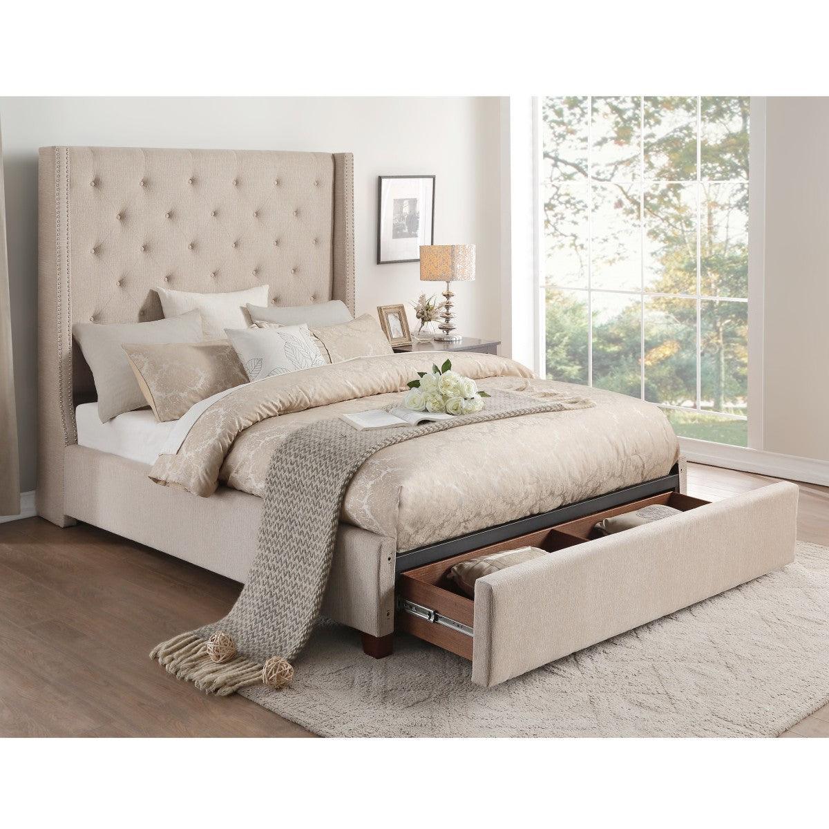 Fairborn Beige Solid Wood And Plywood Fabric Upholstery Tufted Queen Platform Bed With Storage - Ella Furniture