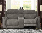 Next-gen Durapella Slate Microfiber Power Reclining Loveseat With Console - Ella Furniture