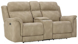 Next-gen Durapella Sand Microfiber Power Reclining Loveseat With Console - Ella Furniture