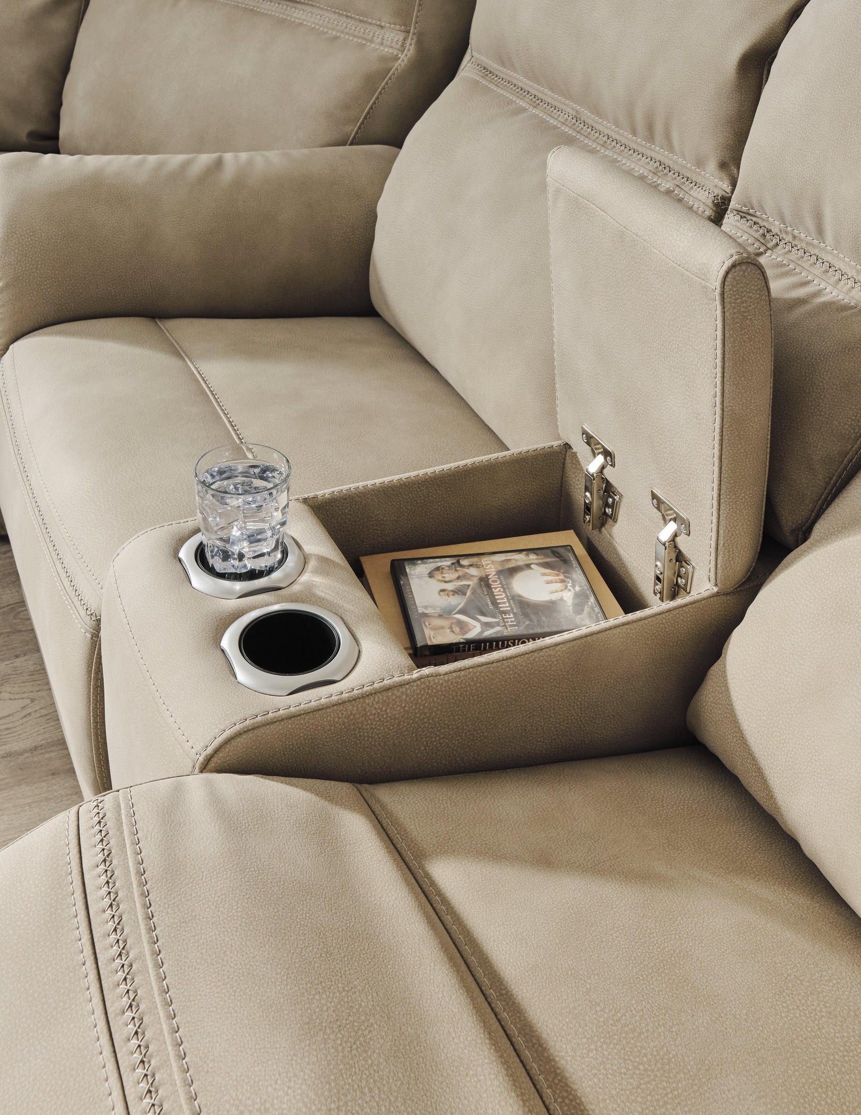 Next-gen Durapella Sand Microfiber Power Reclining Loveseat With Console - Ella Furniture