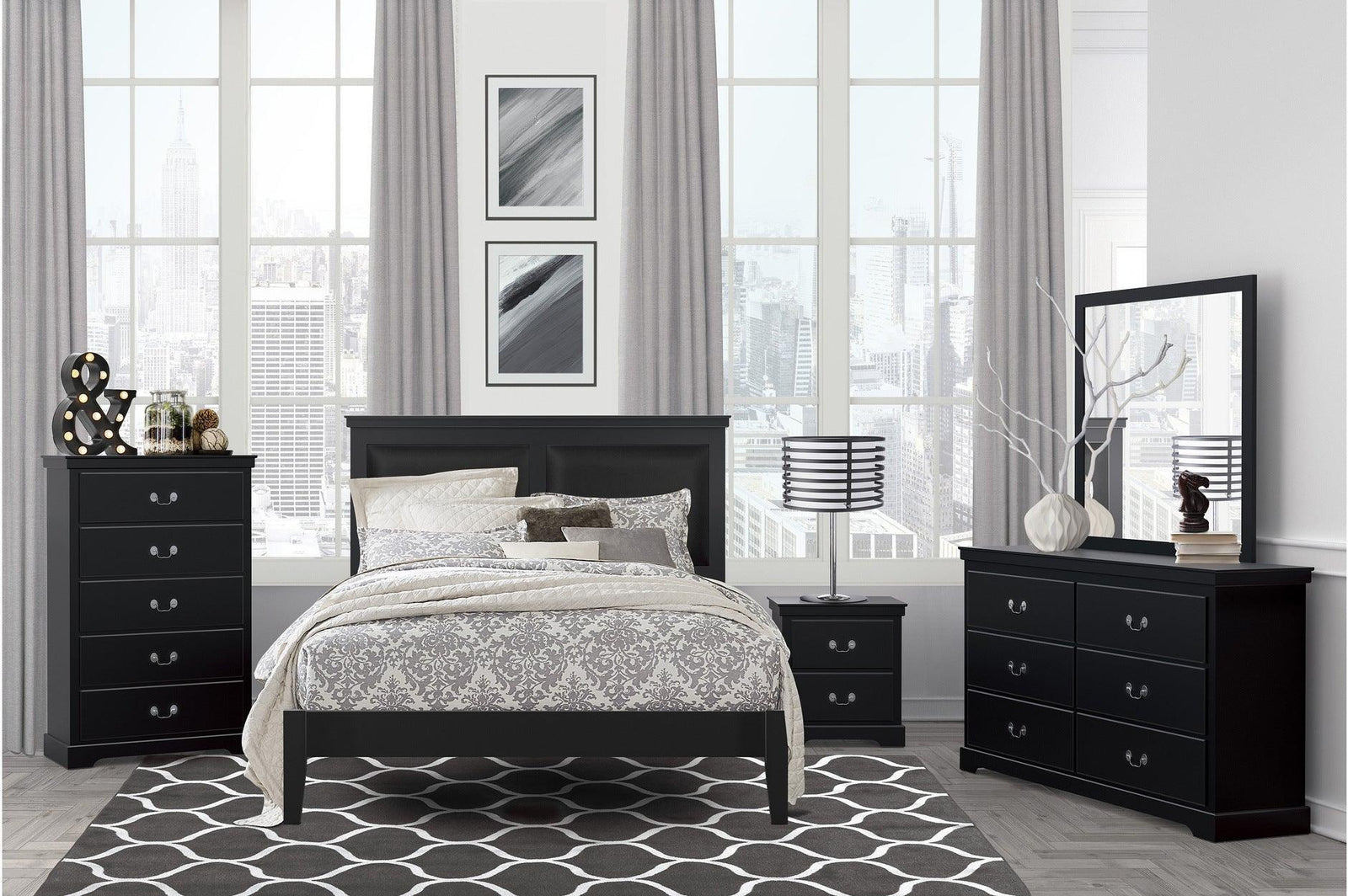 Seabright Black Painted Finish Contemporary Sleek Solid Wood Faux Leather Upholstered Bedroom Set - Ella Furniture