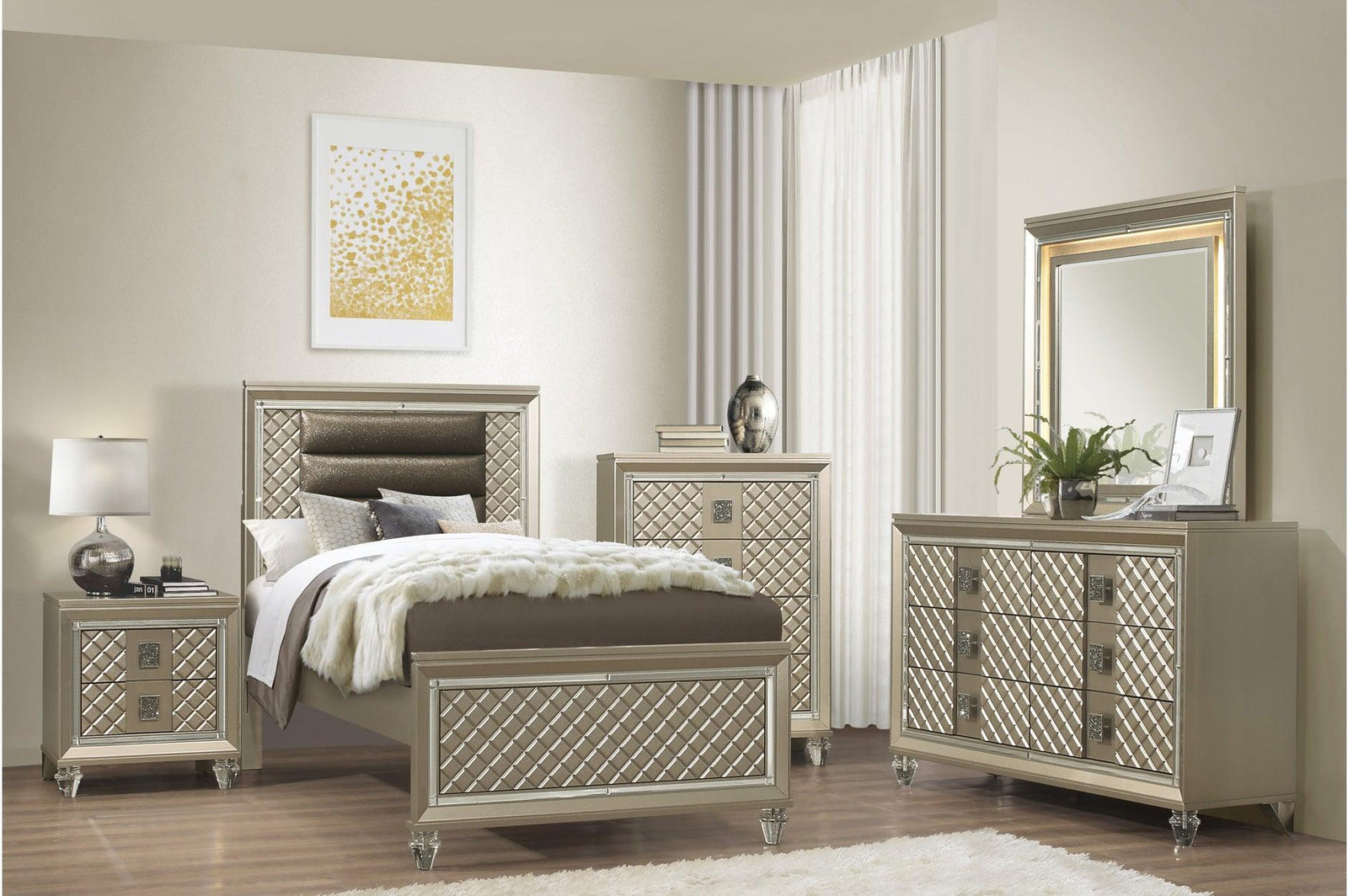 Loudon Champagne Finish Modern Classic Sturdy Pine Wood Youth Louden Platform Bedroom Set - Ella Furniture