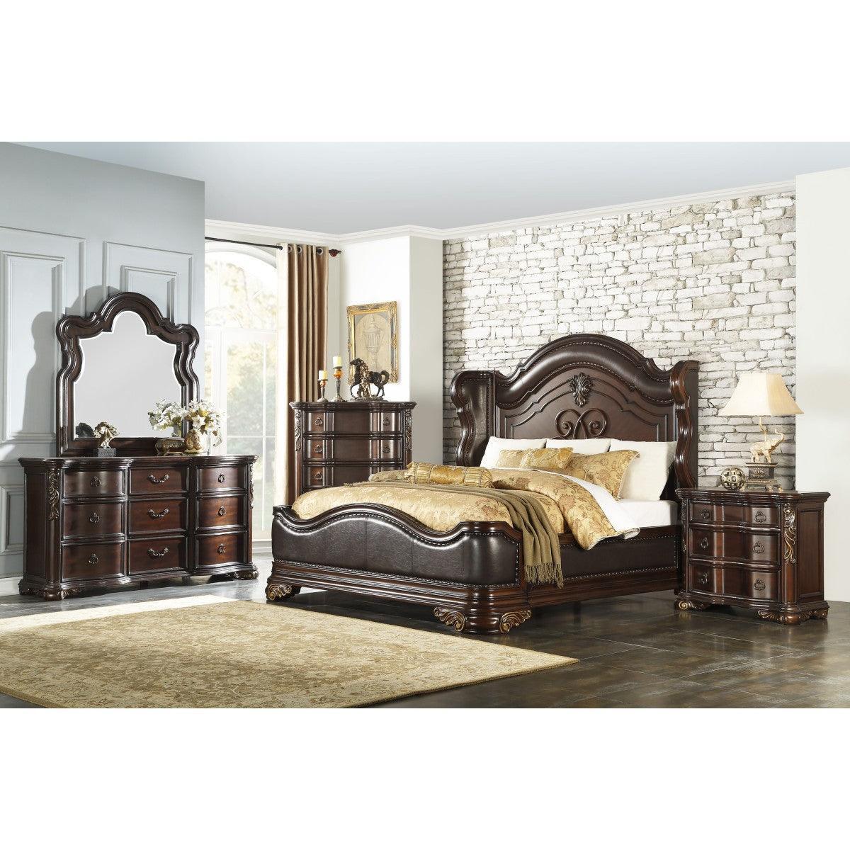 Royal Cherry Modern Traditional Wood And Engineered Wood Faux Leather Upholstered King Panel Bed - Ella Furniture