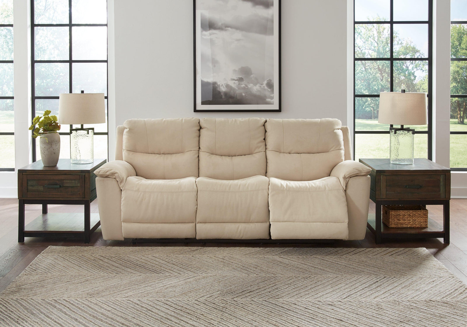 Next-gen Gaucho Latte Microfiber Power Reclining Sofa - Ella Furniture