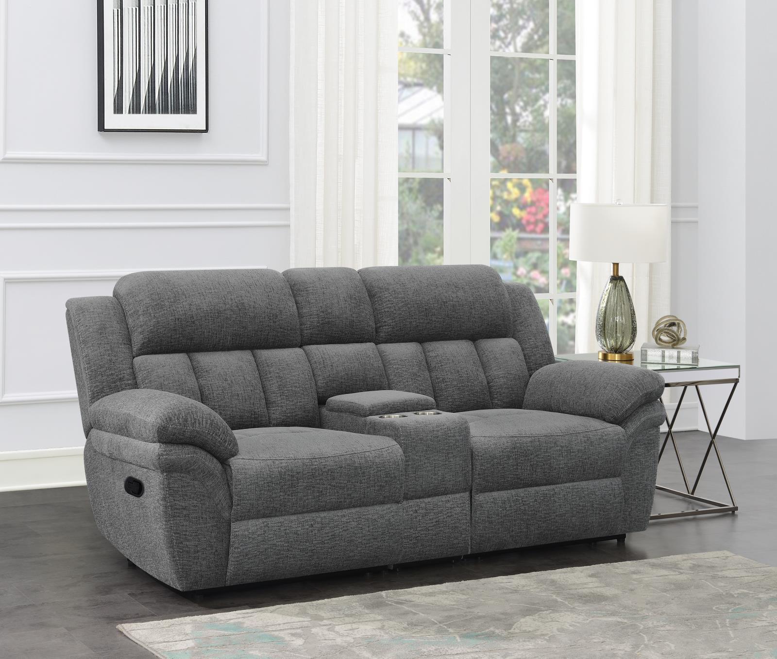 Grey Upholstered Motion Loveseat 609542 - Ella Furniture