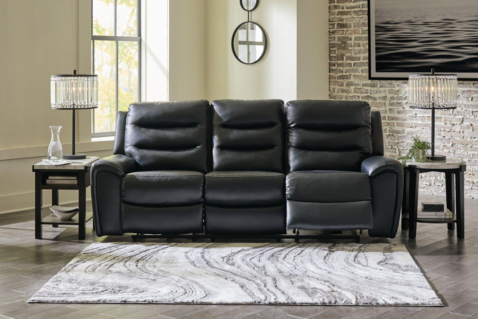 Warlin Black Faux Leather Power Reclining Sofa - Ella Furniture