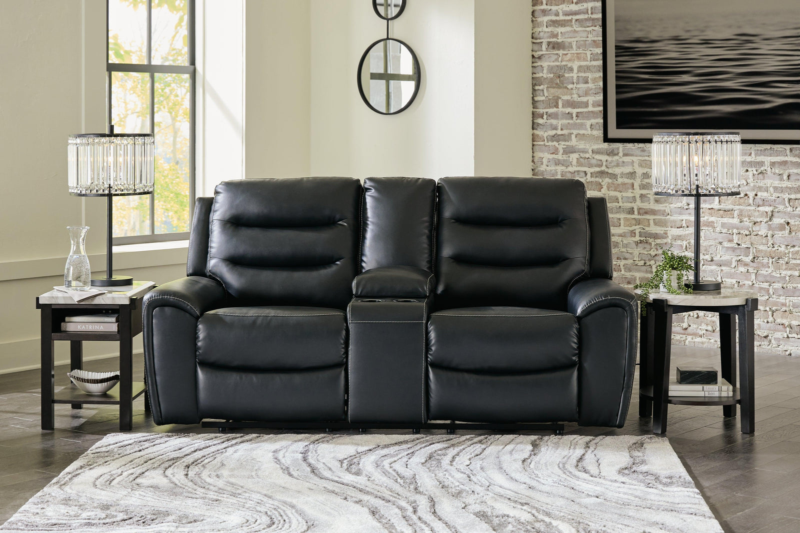 Warlin Black Faux Leather Power Reclining Loveseat With Console - Ella Furniture