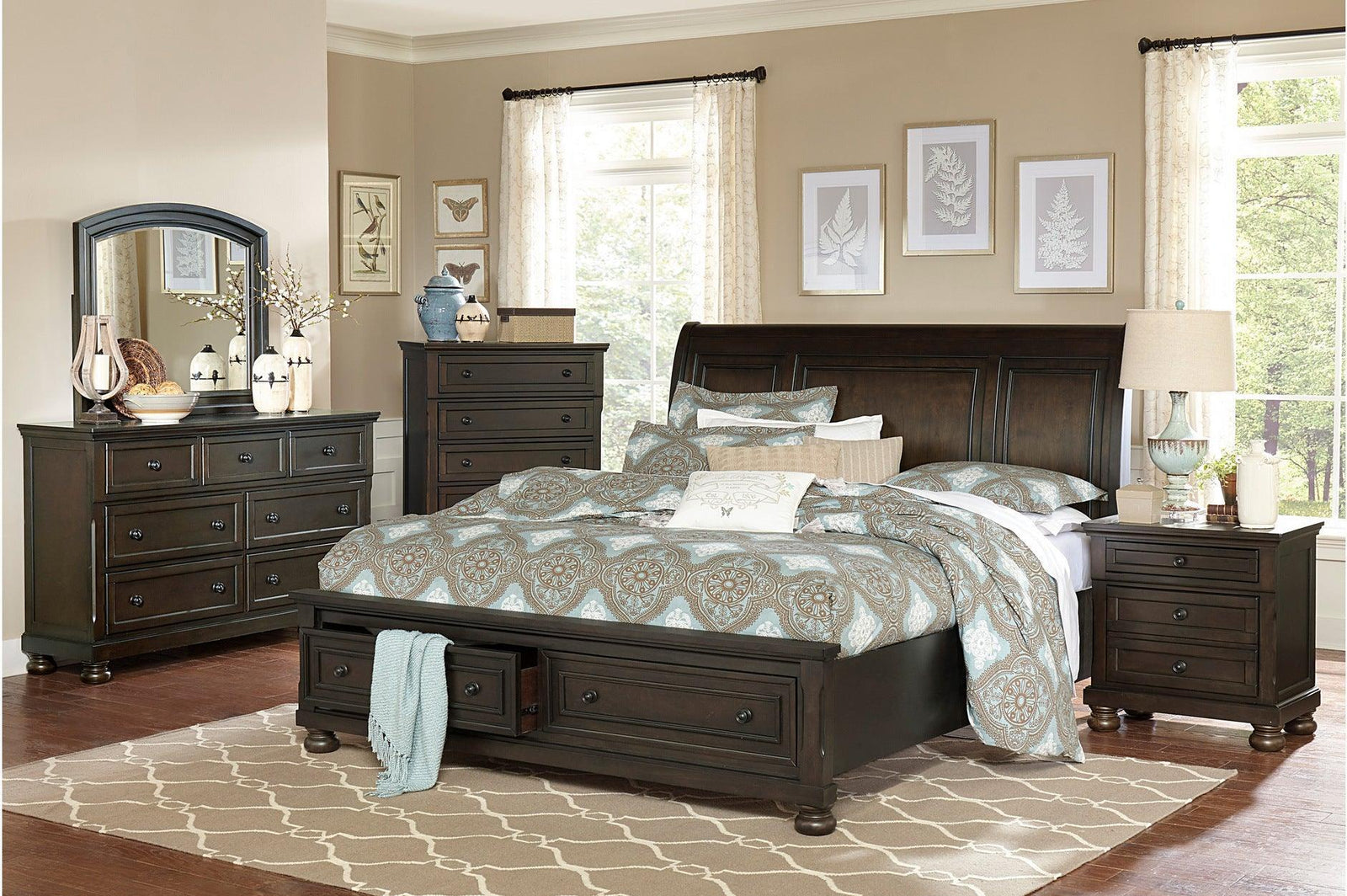 Begonia Graynish Brown Modern Contemporary Transitional Solid Wood Storage Sleigh Bedroom Set - Ella Furniture