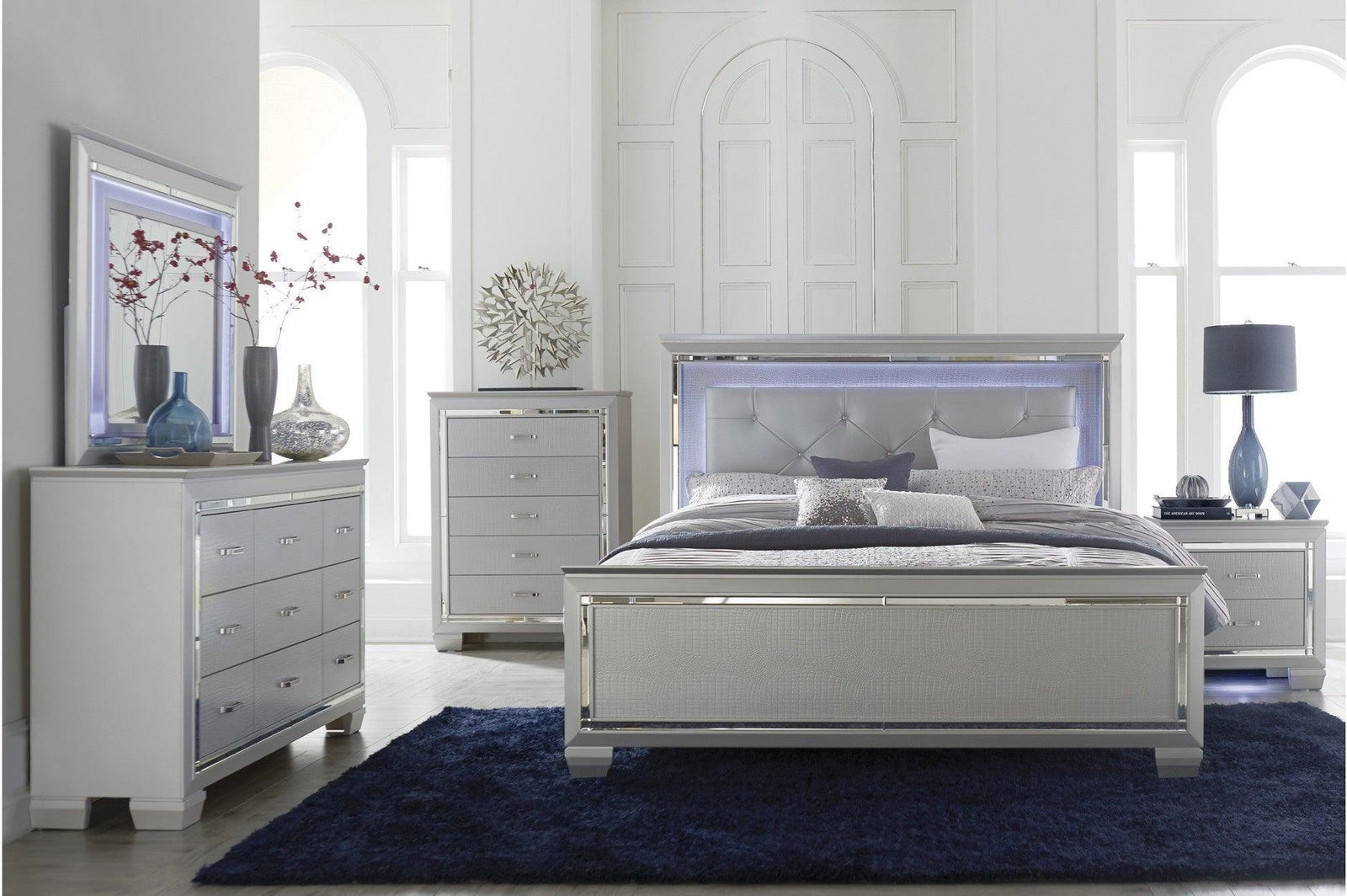 Allura Silver Contemporary Solid Wood Faux Leather Upholstered Tufted LED Panel Bedroom Set - Ella Furniture