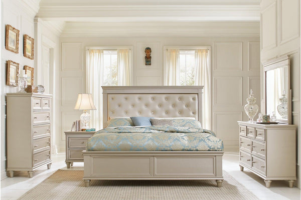 Celandine Silver Modern Traditional Solid Wood Faux Leather Upholstered Tufted Panel Bedroom Set - Ella Furniture