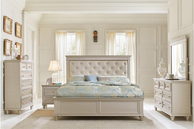 Celandine Silver Modern Traditional Solid Wood Faux Leather Upholstered Tufted Panel Bedroom Set - Ella Furniture