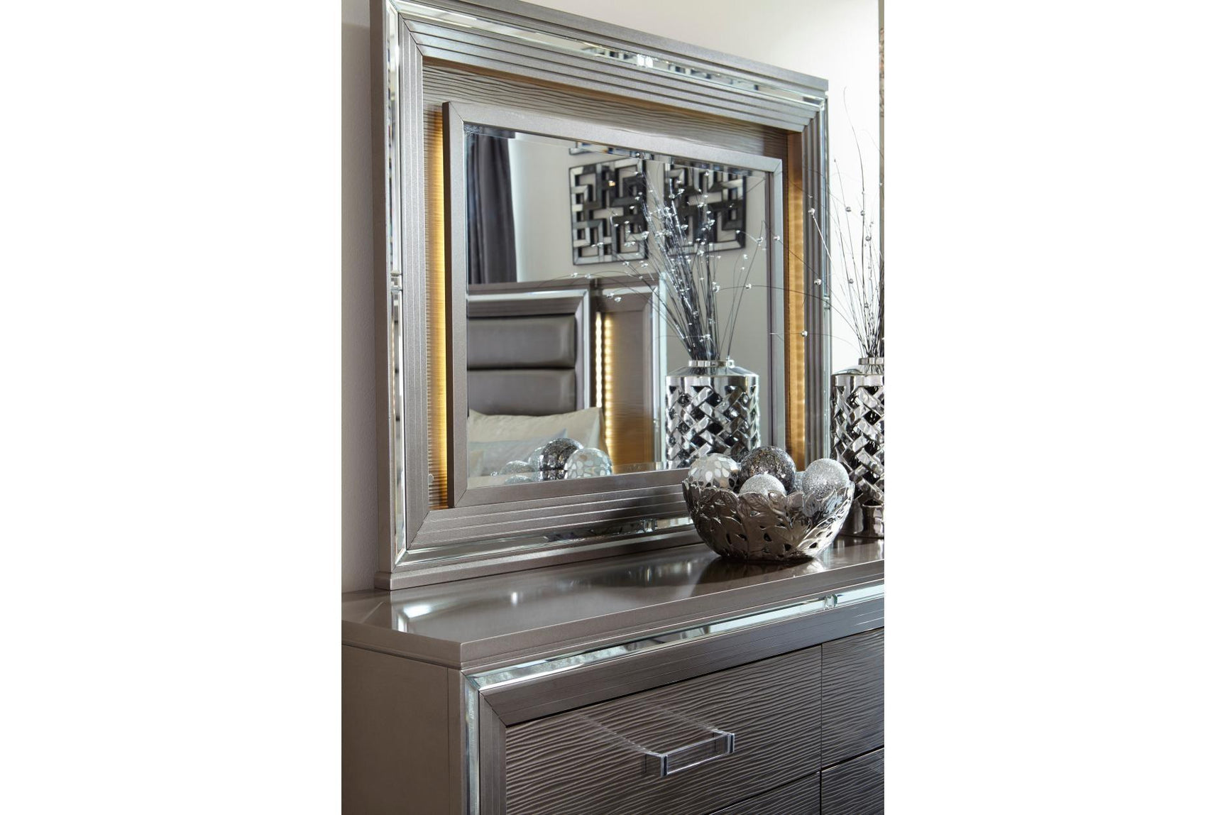 Tamsin Silver Gray Solid Wood Faux Leather Upholstered LED Storage Platform Bedroom Set - Ella Furniture