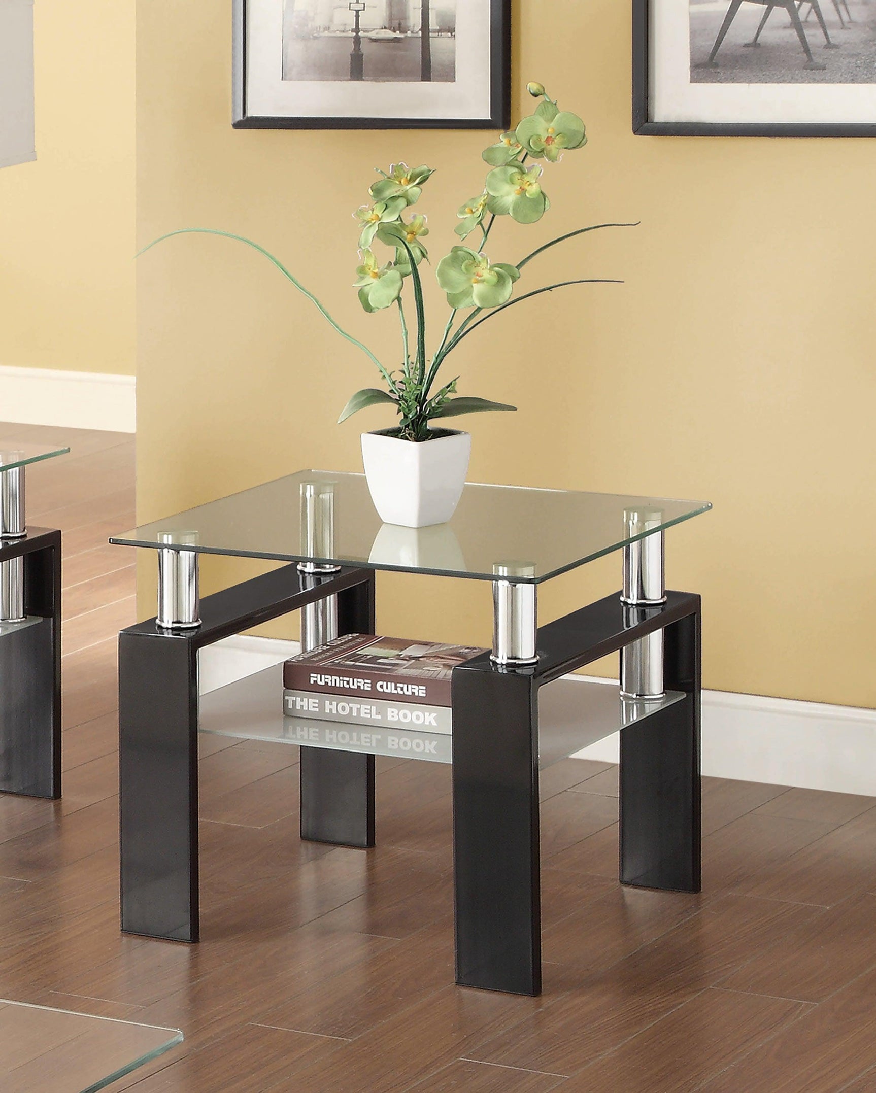 Dyer Tempered Glass End Table With Shelf Black - Ella Furniture