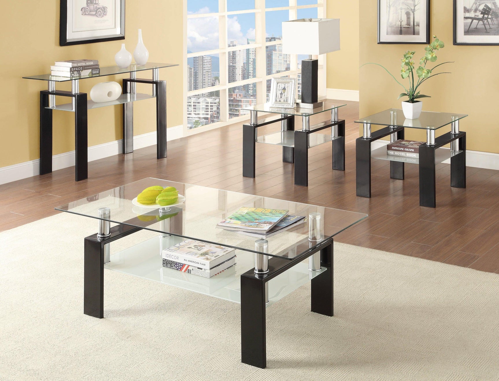 Dyer Tempered Glass Coffee Table With Shelf Black - Ella Furniture